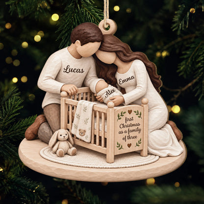 First Christmas as a Family of Three - Personalized Wooden Ornament for New Parents