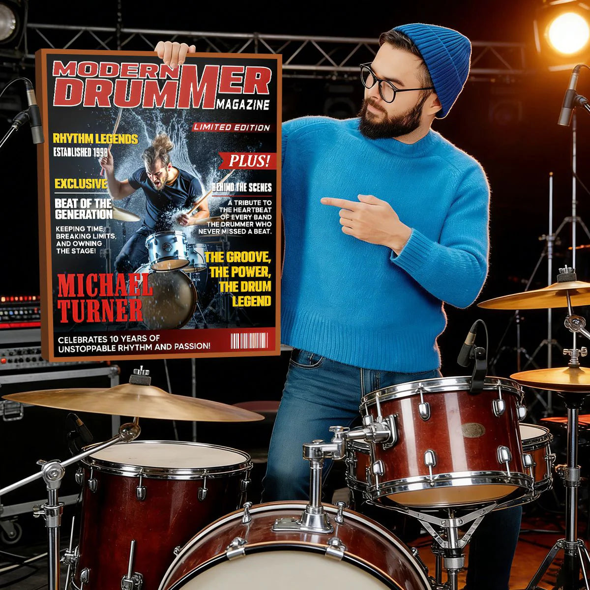 Personalized Modern Drummer magazine cover canvas print featuring a drummer rocking out on stage image 7