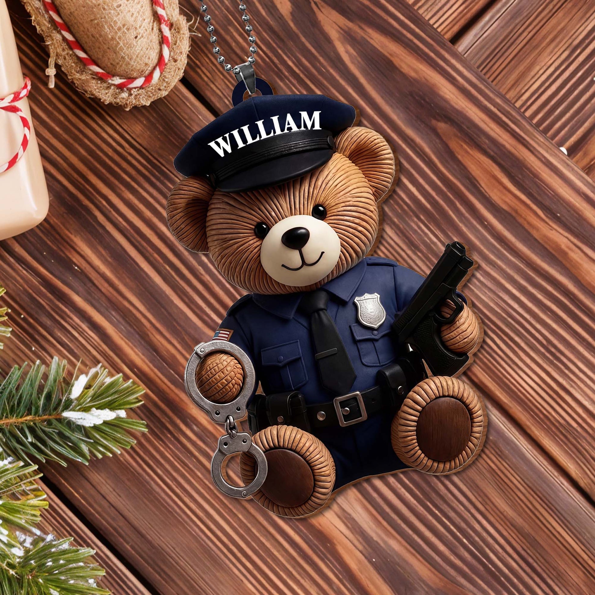 Custom Police Officer Bear Wood Ornament for Dad with personalized design details for meaningful gifting image 10