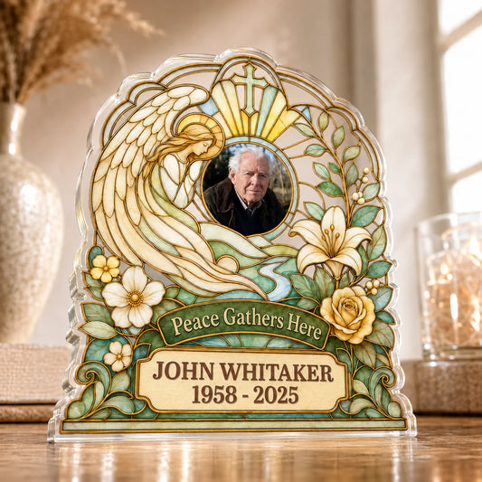 Peace Gathers Here Custom Memorial Plaque - Personalized Acrylic Angel Keepsake for Family
