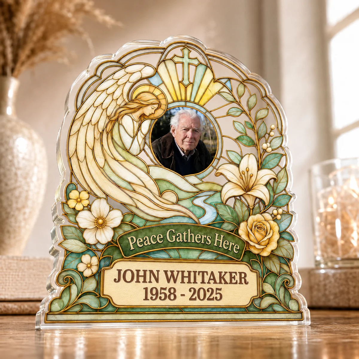 Peace Gathers Here Custom Memorial Plaque - Personalized Acrylic Angel Keepsake for Family