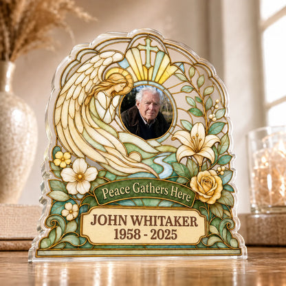 Peace Gathers Here Custom Memorial Plaque - Personalized Acrylic Angel Keepsake for Family