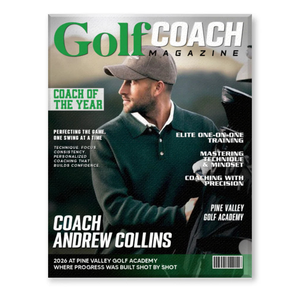 Personalized golf coach gift canvas print featuring a stylish custom sports magazine cover design layout