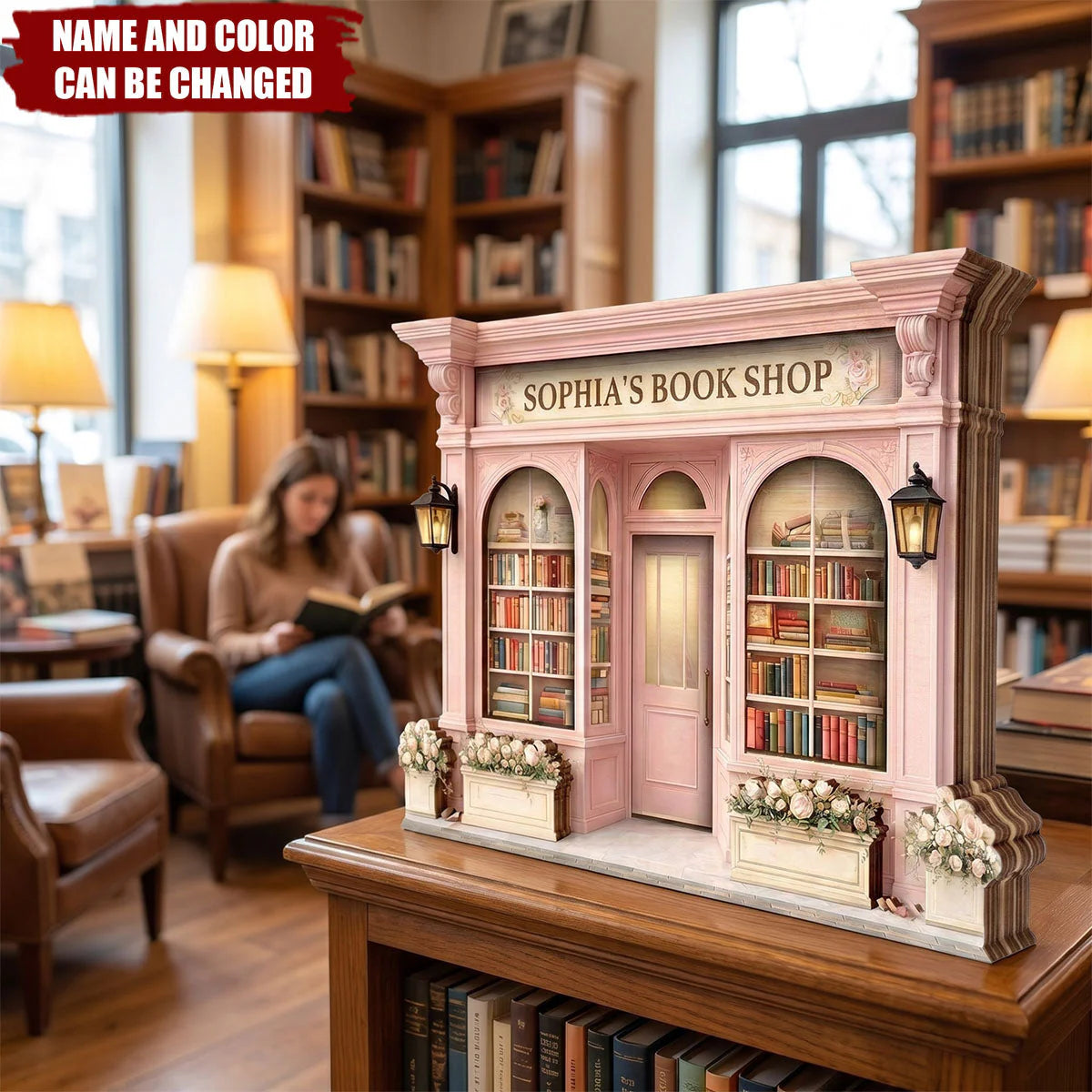 Personalized bookshop wooden block plaque with custom name on a cozy library table