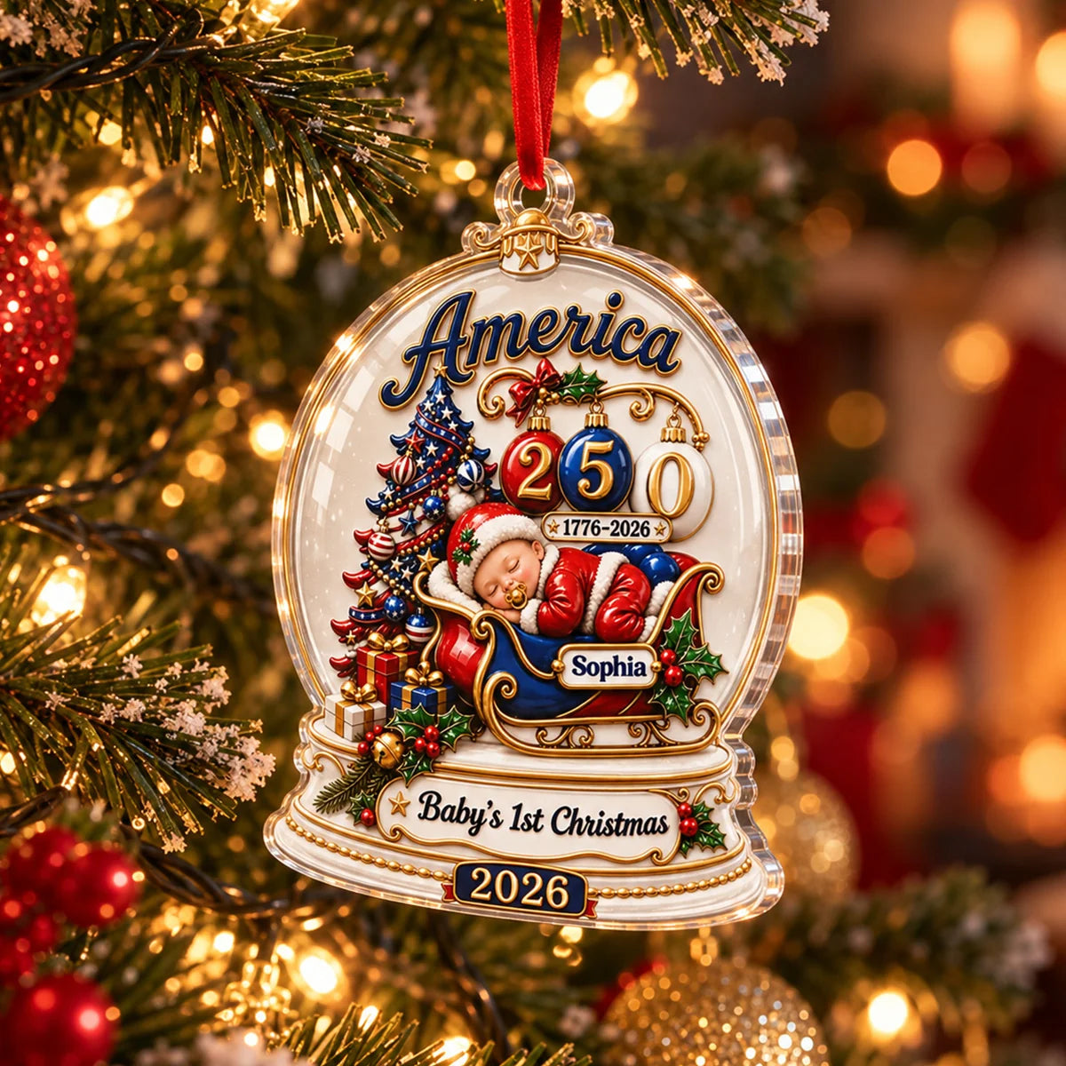 Baby's 1st Christmas 2026 America 250th - Personalized Acrylic Ornament for Newborn