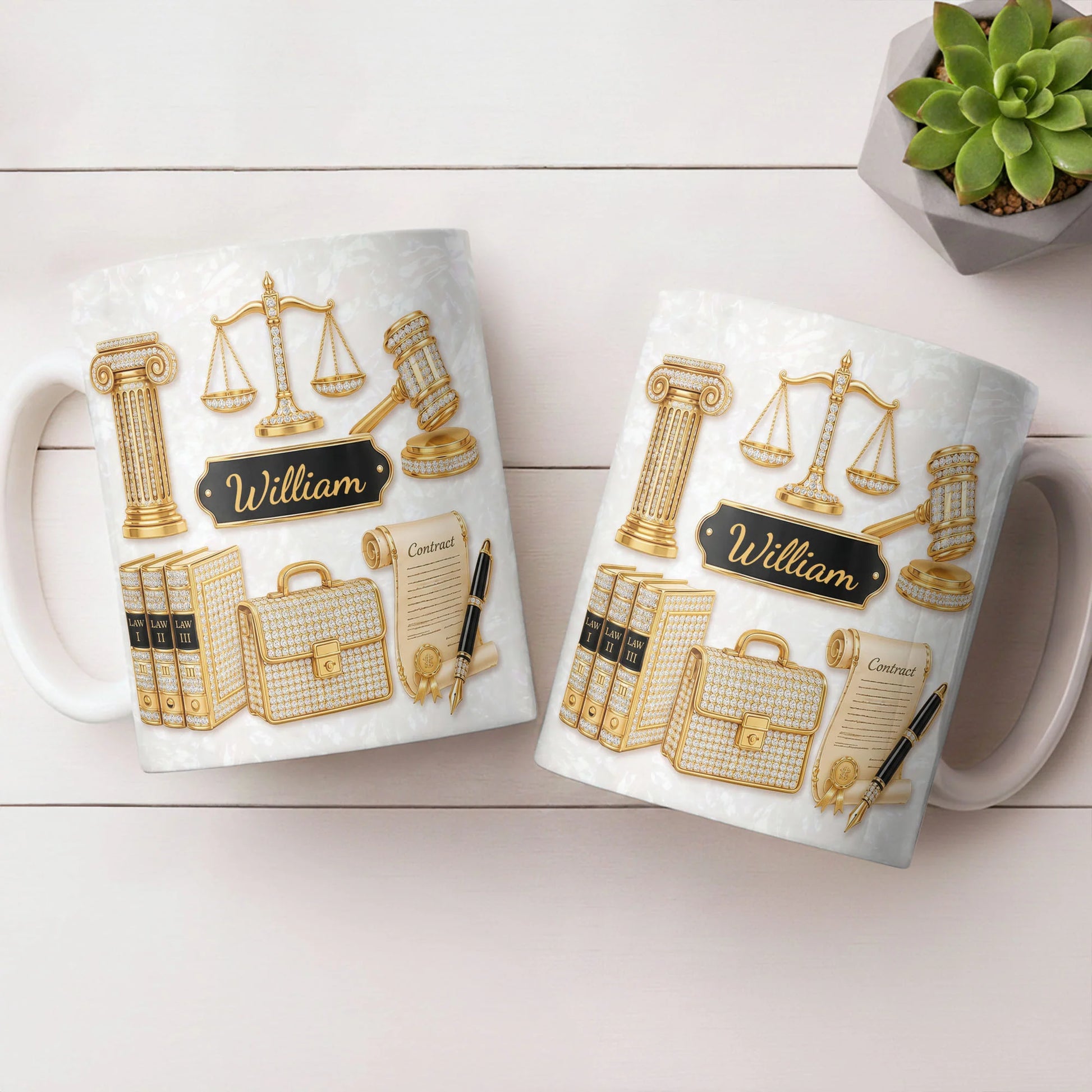 Personalized lawyer mug with golden scales of justice and custom name on mother of pearl background image 7