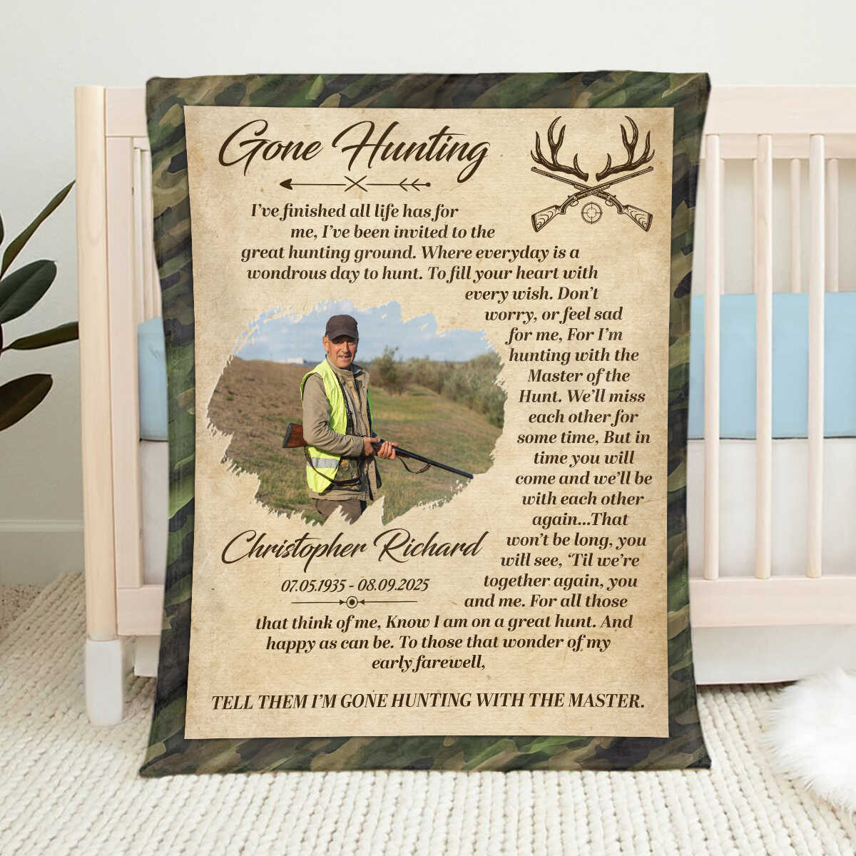 Personalized hunter memorial blanket with custom photo print and Gone Hunting quote for sympathy remembrance gift image 7
