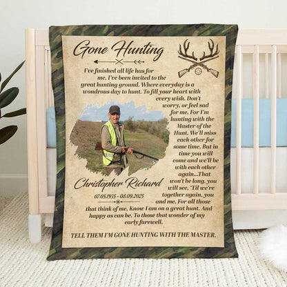 Personalized hunter memorial blanket with custom photo print and Gone Hunting quote for sympathy remembrance gift image 7