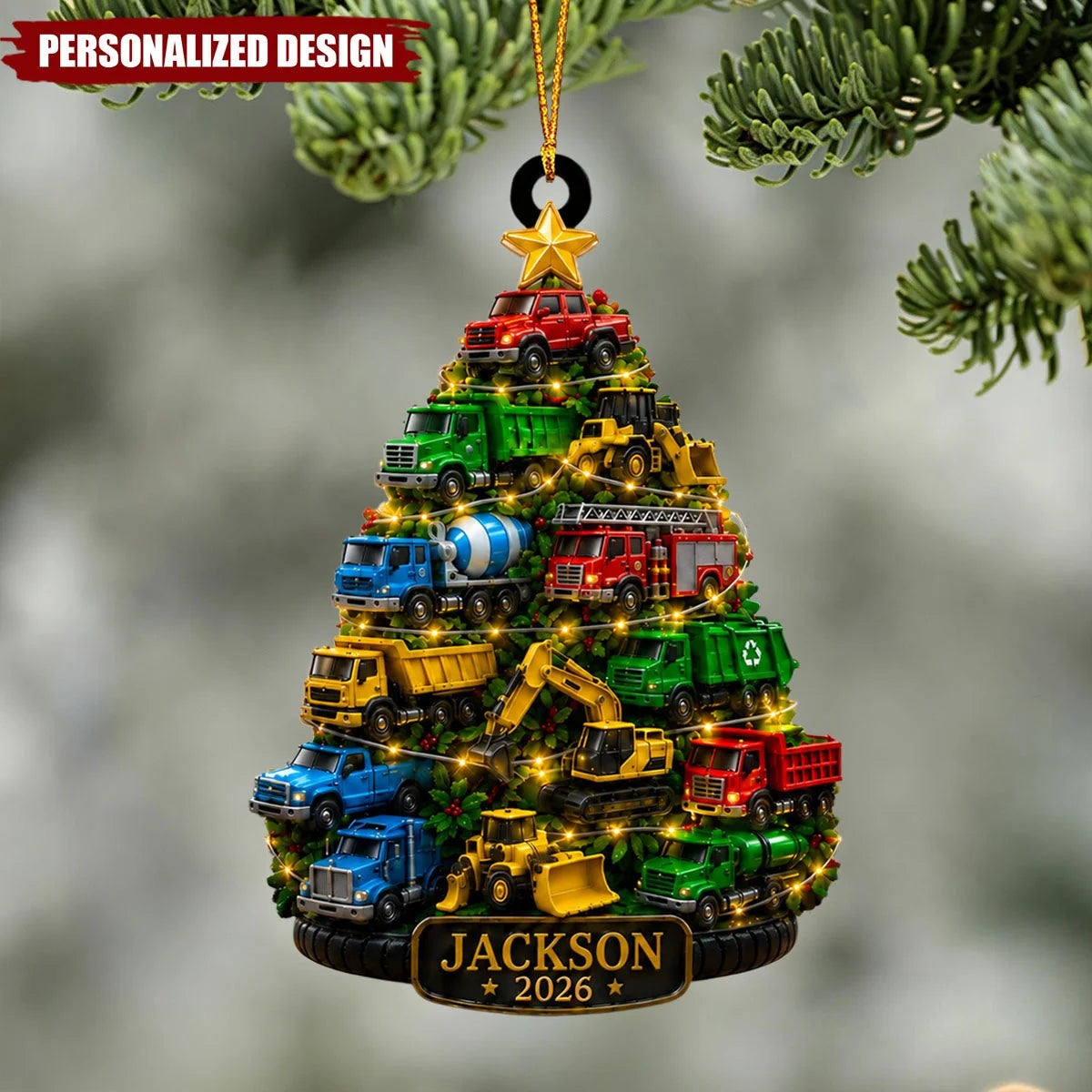 Construction Truck Christmas Tree Personalized Wooden Ornament - Holiday Keepsake Gift for Kids