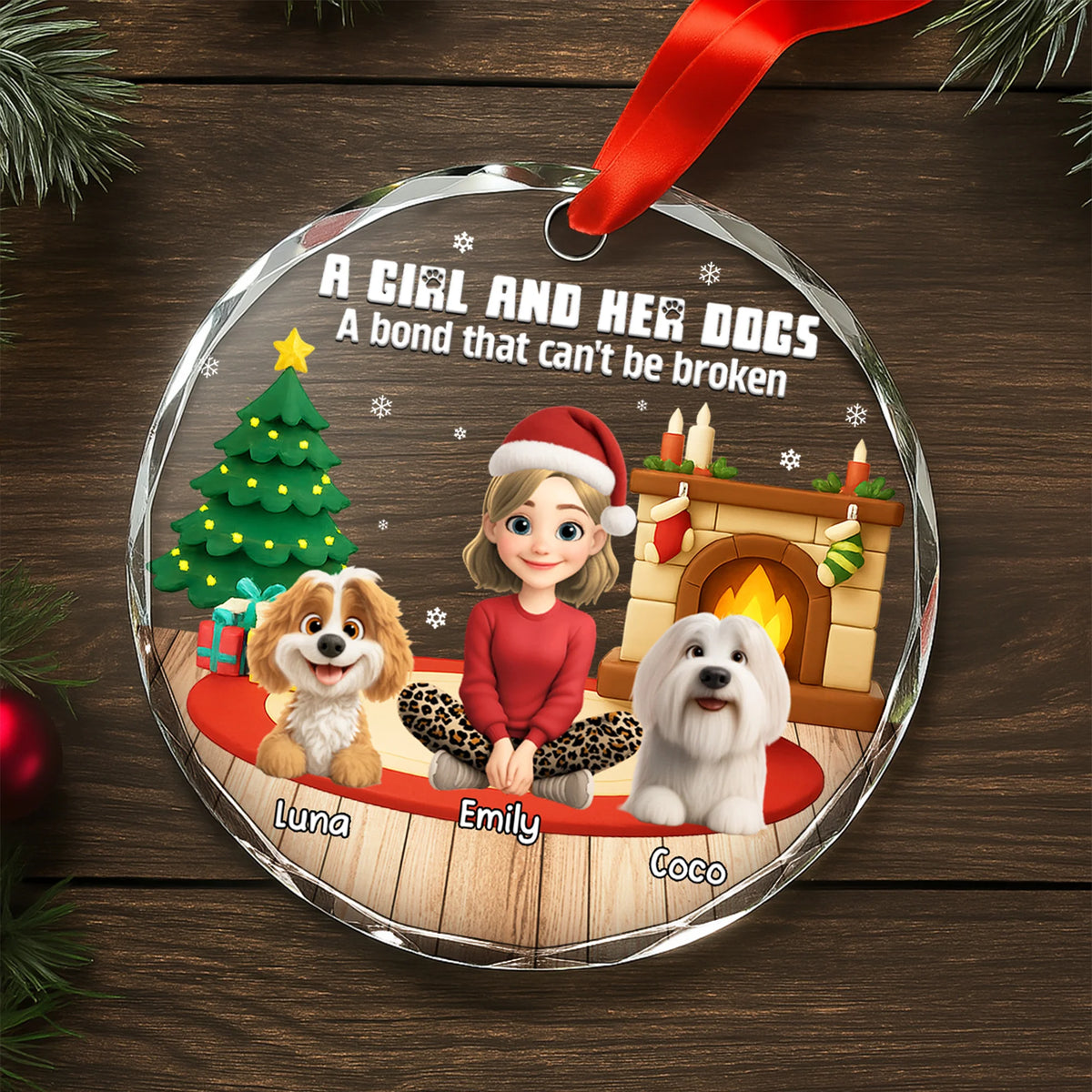 A Girl And Her Dogs Personalized Glass Ornament - Dog Lovers Christmas Tree Keepsake