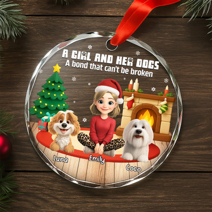 A Girl And Her Dogs Personalized Glass Ornament - Dog Lovers Christmas Tree Keepsake