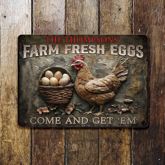 Personalized Farm Fresh Eggs Metal Sign for Family with personalized design details for meaningful gifting