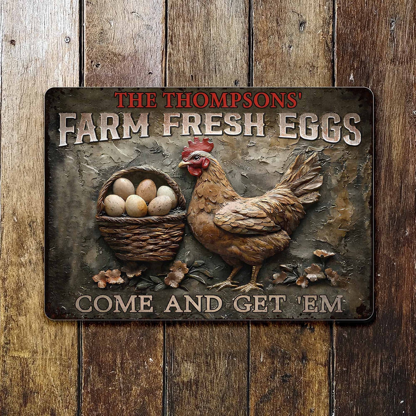 Personalized Farm Fresh Eggs Metal Sign for Family with personalized design details for meaningful gifting