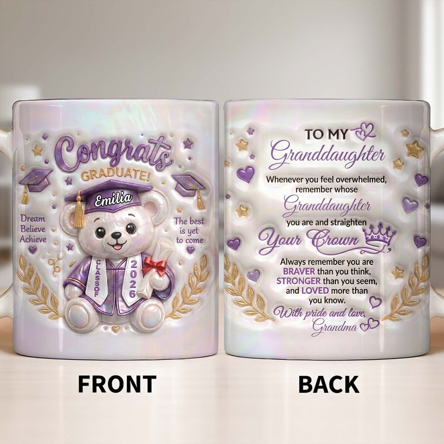 Personalized graduation mug for granddaughter featuring a cute graduation bear with class of 2026 quote from Grandma image 10