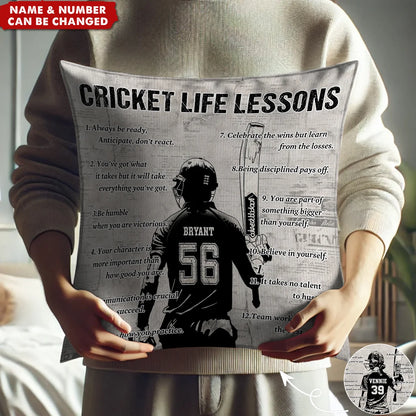 Cricket Life Lessons Personalized Pillow - Custom Name & Number Gift for Cricket Lovers
