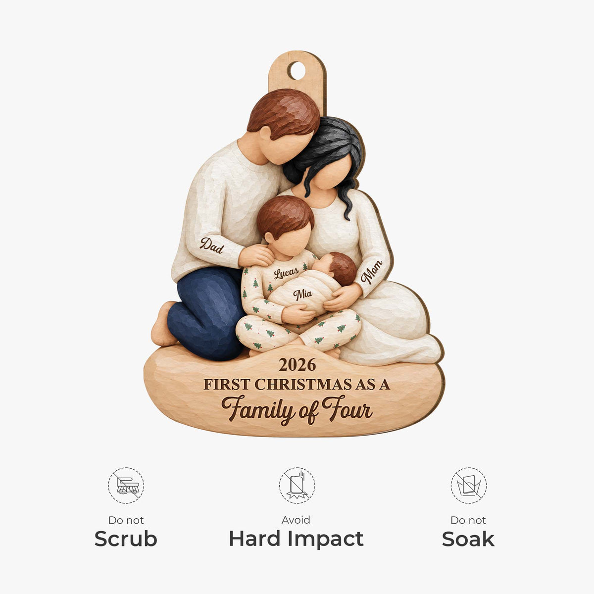 First Christmas as a Family of Four Personalized Wooden Ornament - Custom Holiday Keepsake