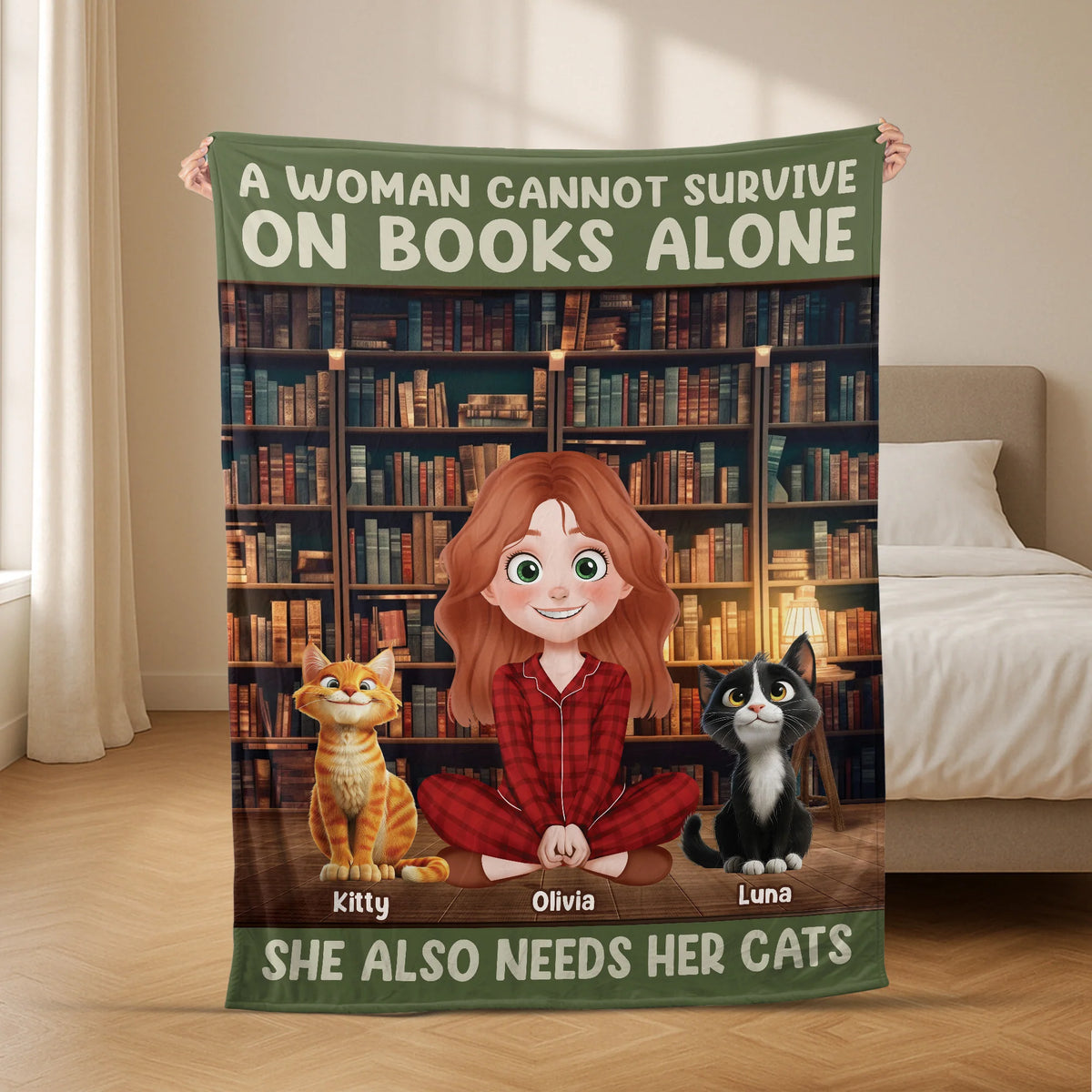 Cannot Survive On Books Alone Personalized Blanket - Custom Gift for Cat Lovers and Readers