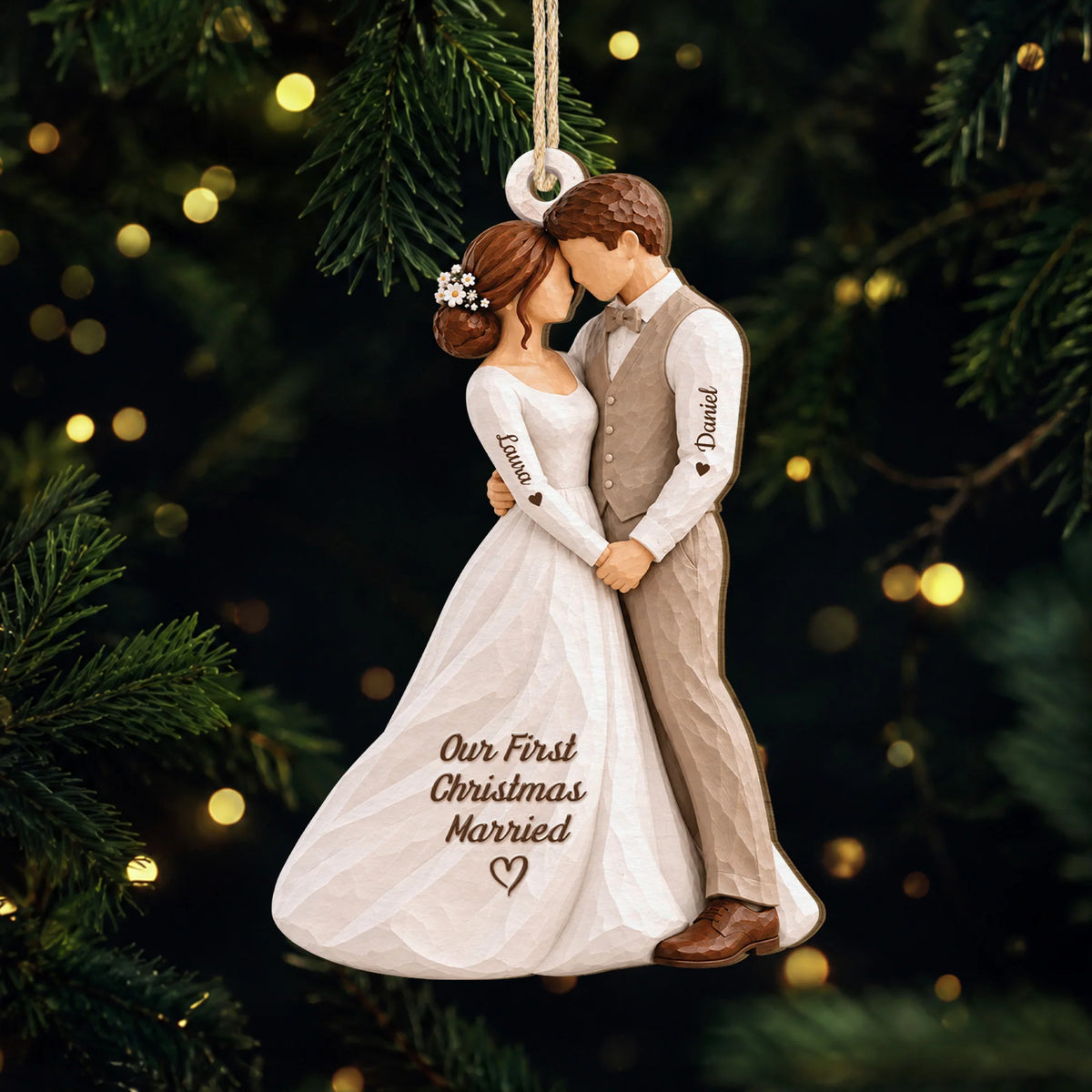 Our First Christmas Married Personalized Wooden Ornament - Custom Newlywed Wedding Keepsake Gift for Couples