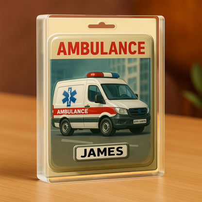 Custom ambulance plaque personalized with name James, freestanding acrylic keepsake sign for EMTs. image 8