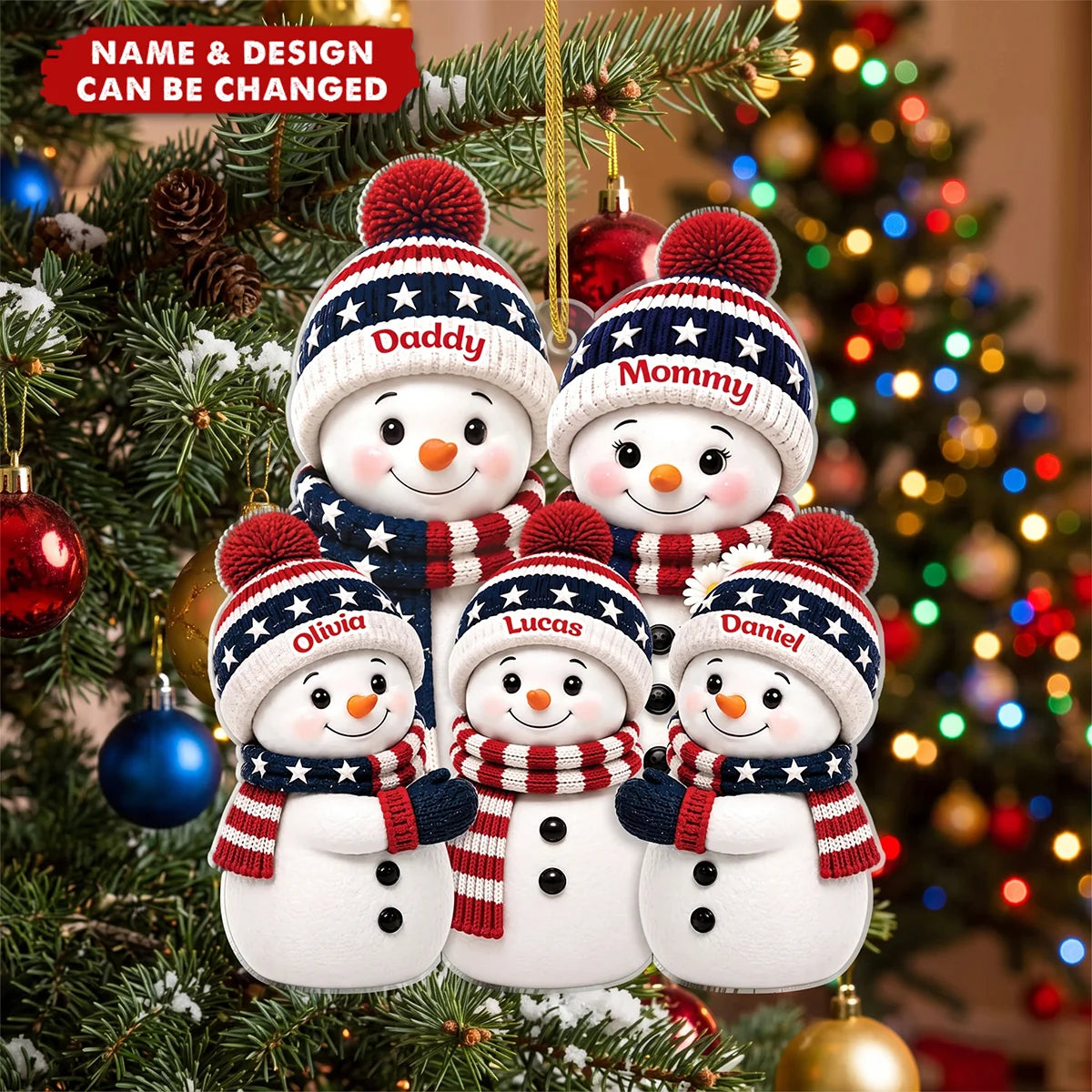 Patriotic Snowman Family Personalized Acrylic Ornament - Custom Names Christmas Keepsake for Family