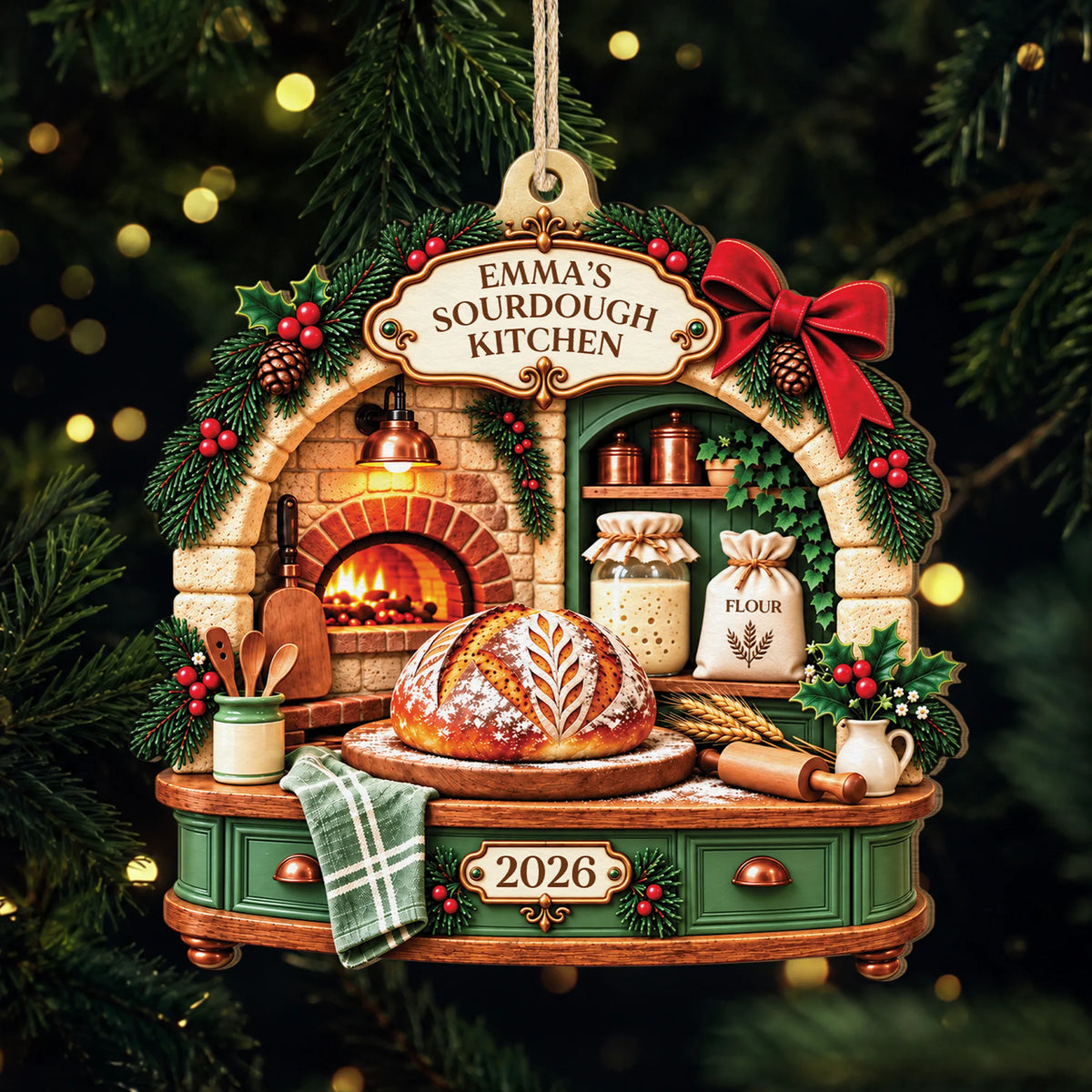 Sourdough Kitchen Personalized Wood Ornament - Custom Christmas Keepsake Gift for Bakers