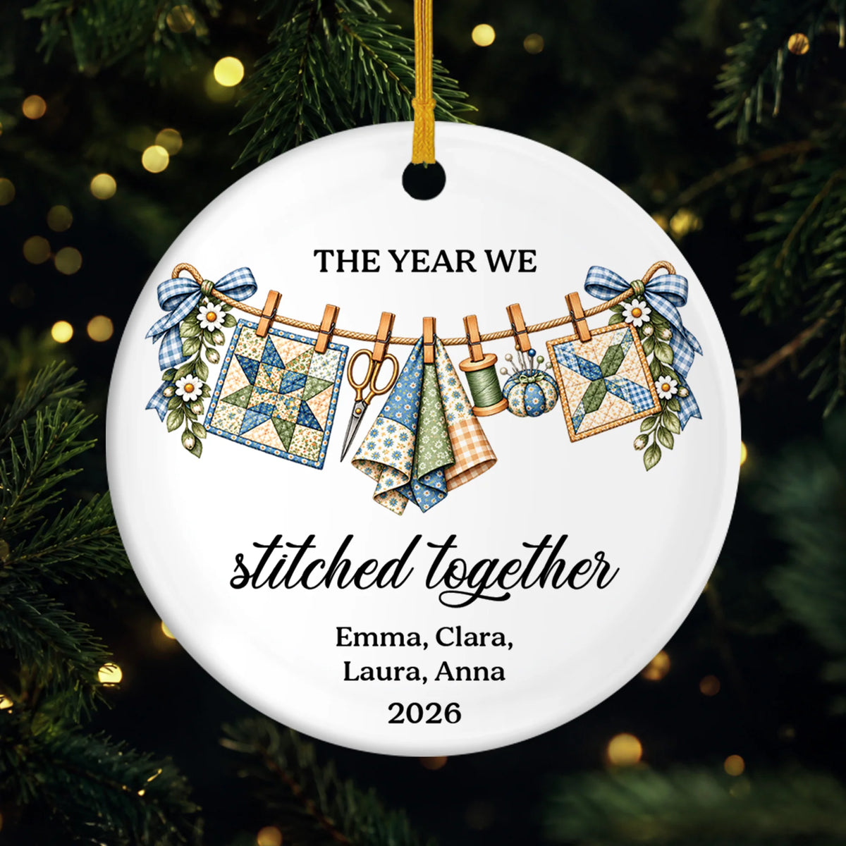 The Year We Stitched Together - Personalized Ceramic Ornament for Best Friends
