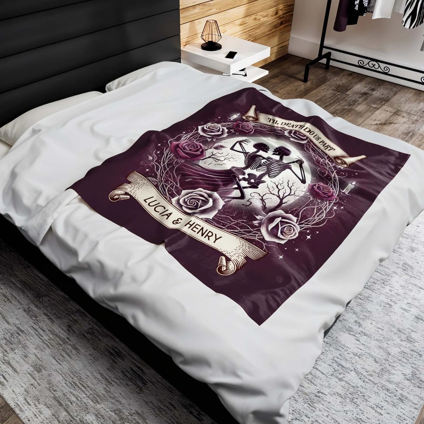 "Til Death Do Us Part" Personalized Gothic Couples Blanket - Custom Skeleton Couple Anniversary Gift for Husband & Wife
