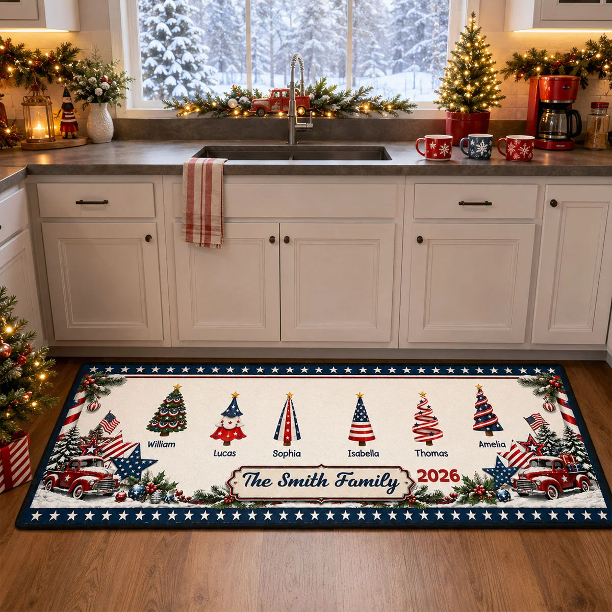 Personalized Christmas Kitchen Runner Rug - Custom Patriotic Family Name Holiday Mat