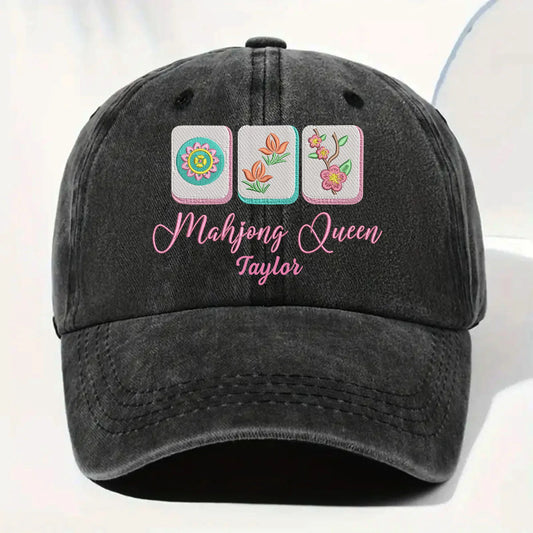 Custom Mahjong Queen Denim Cap for Mom with personalized design details for meaningful gifting