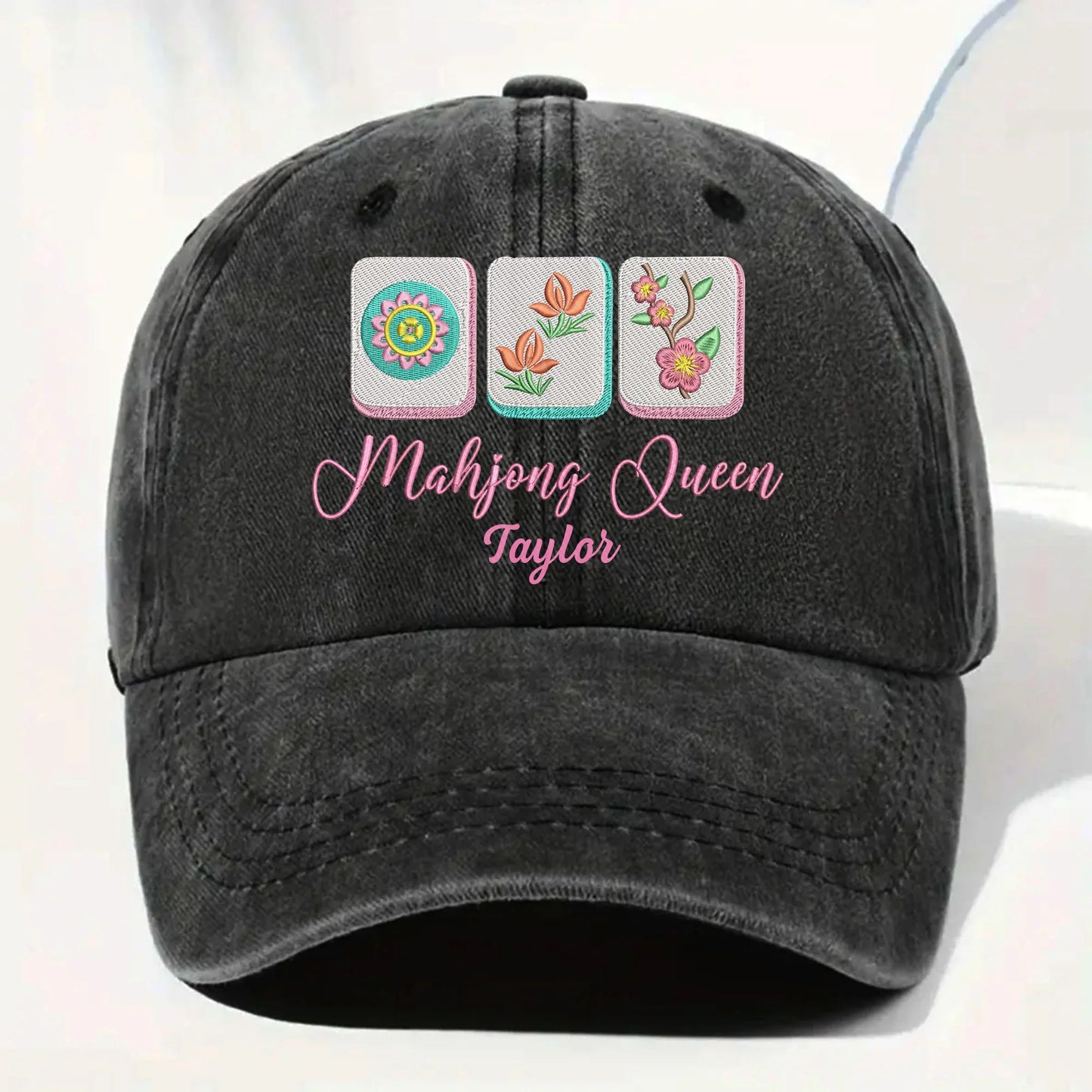 Custom Mahjong Queen Denim Cap for Mom with personalized design details for meaningful gifting