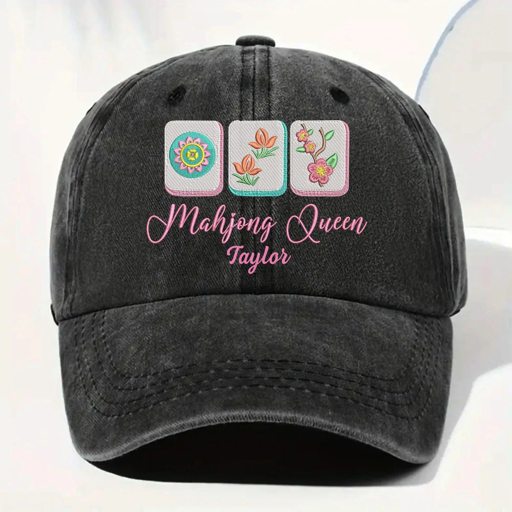 Custom Mahjong Queen Denim Cap for Mom with personalized design details for meaningful gifting