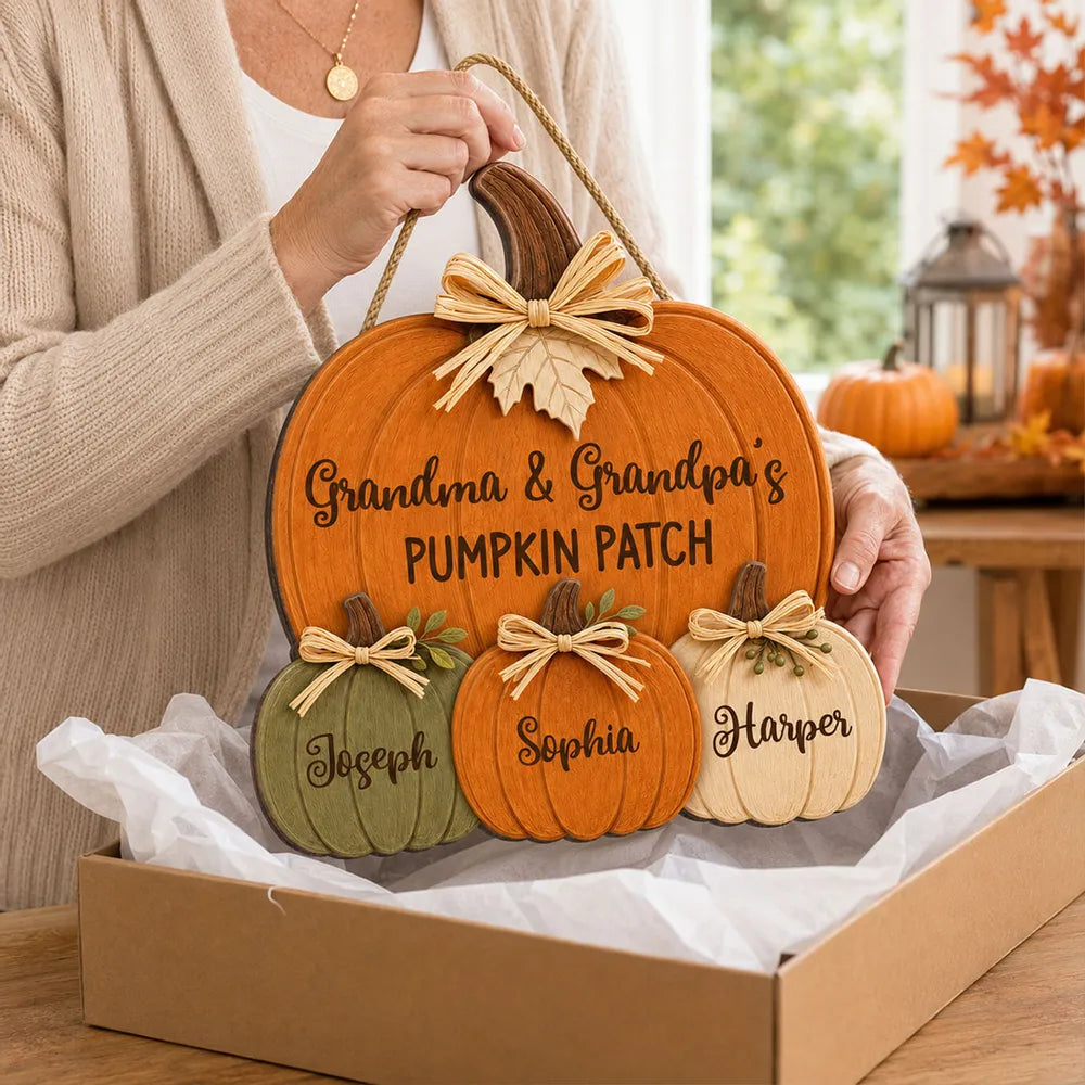 Grandma & Grandpa's Pumpkin Patch Personalized Wood Sign - Custom Grandparents Fall Door Hanger