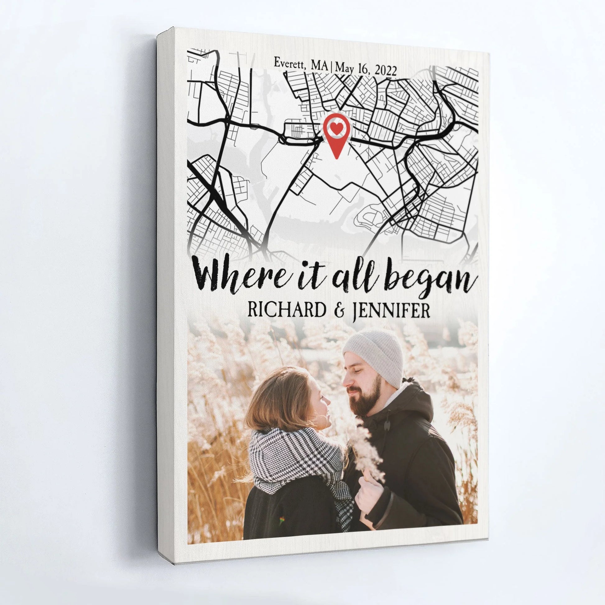"Where It All Began" Personalized Map Canvas / Poster - Custom Anniversary & Wedding Gift for Couples