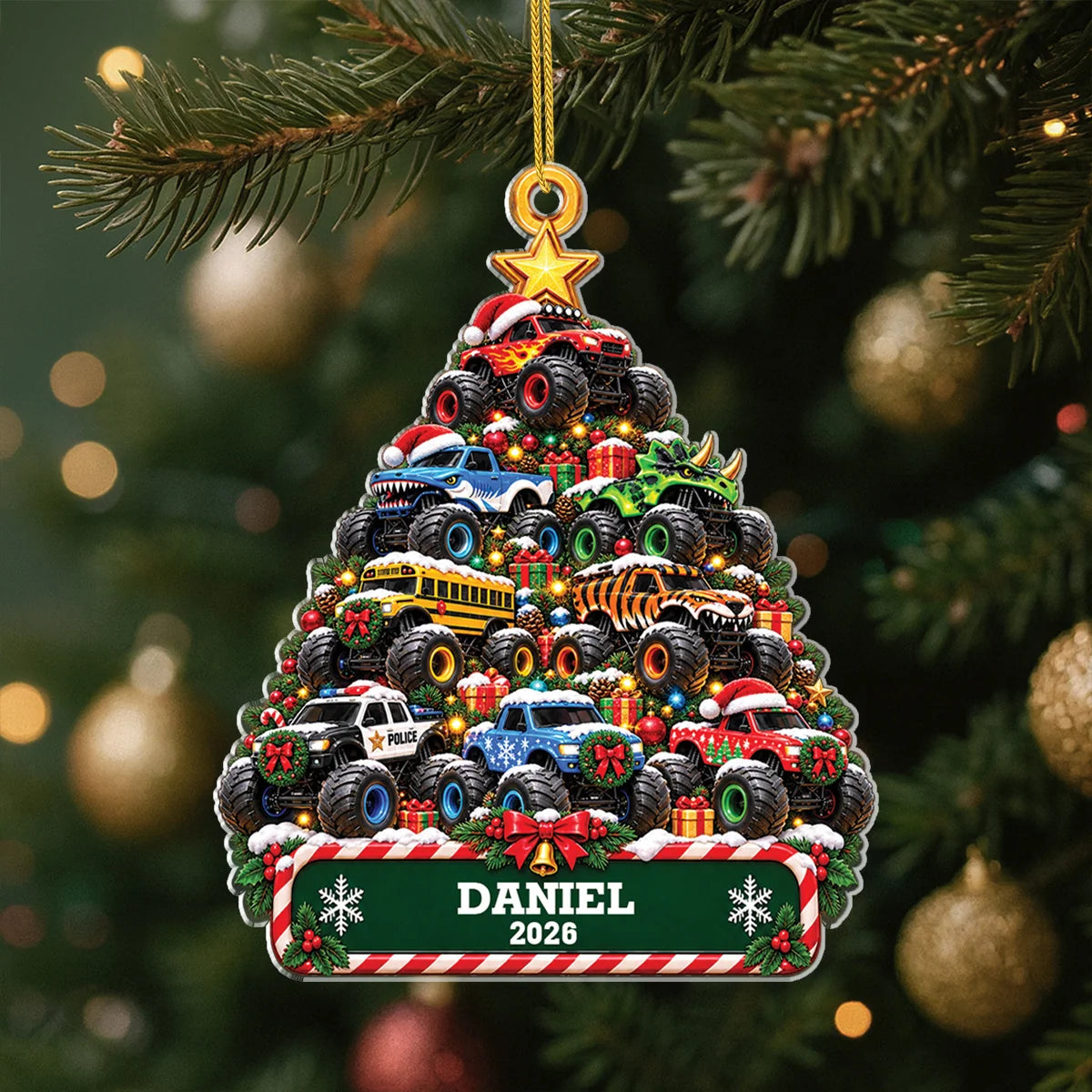 Monster Truck Christmas Tree Personalized Acrylic Ornament - Custom Name Holiday Gift for Kids