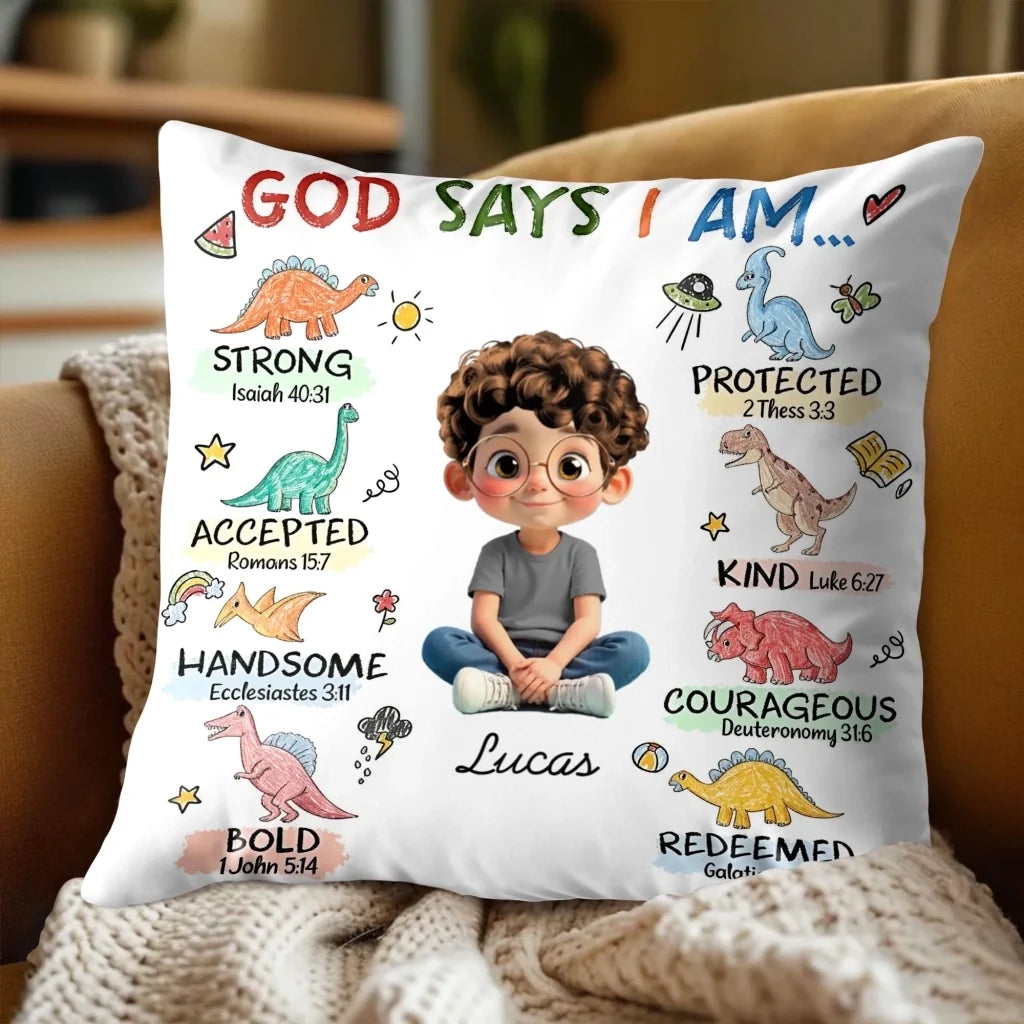 "God Says I Am Strong Protected Kind" Personalized Pillow - Custom Kids Gift