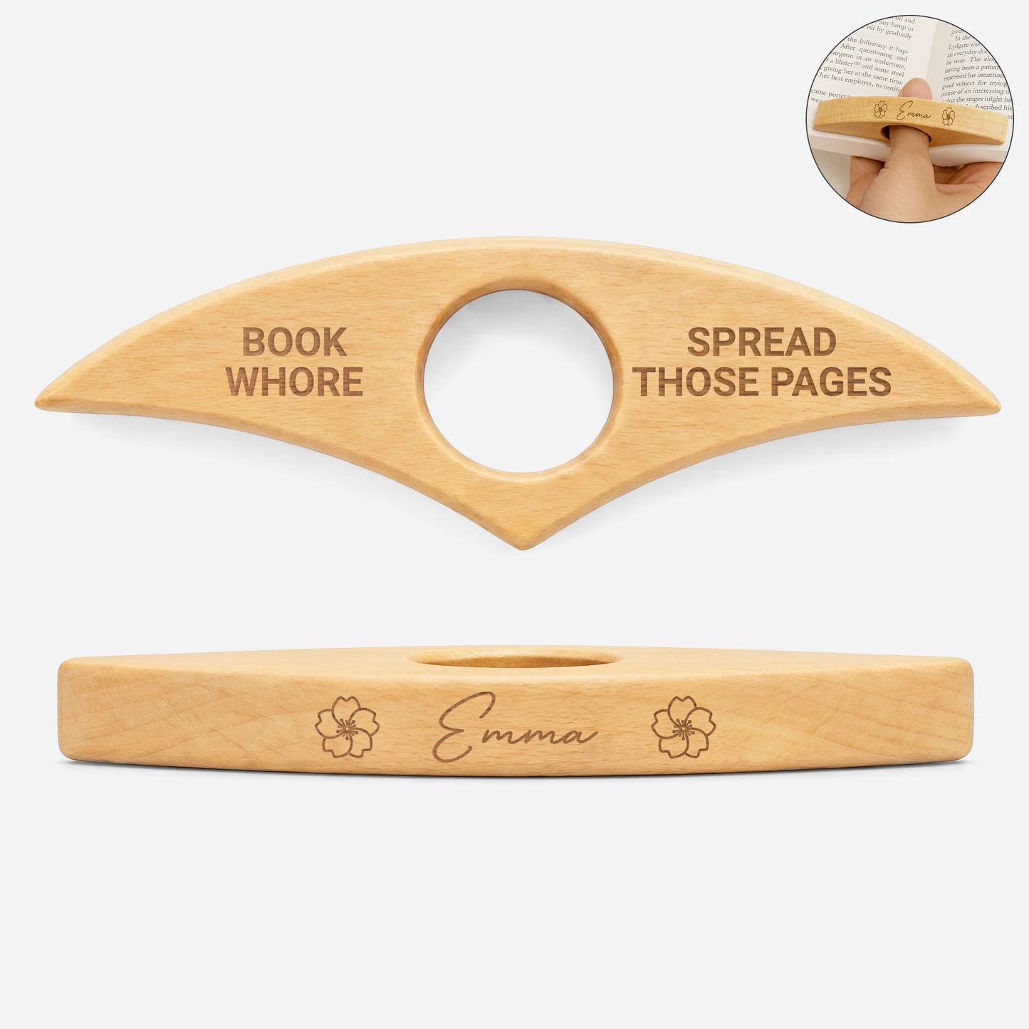 Custom wooden book page holder engraved with Book Whore Spread Those Pages - unique reader gift