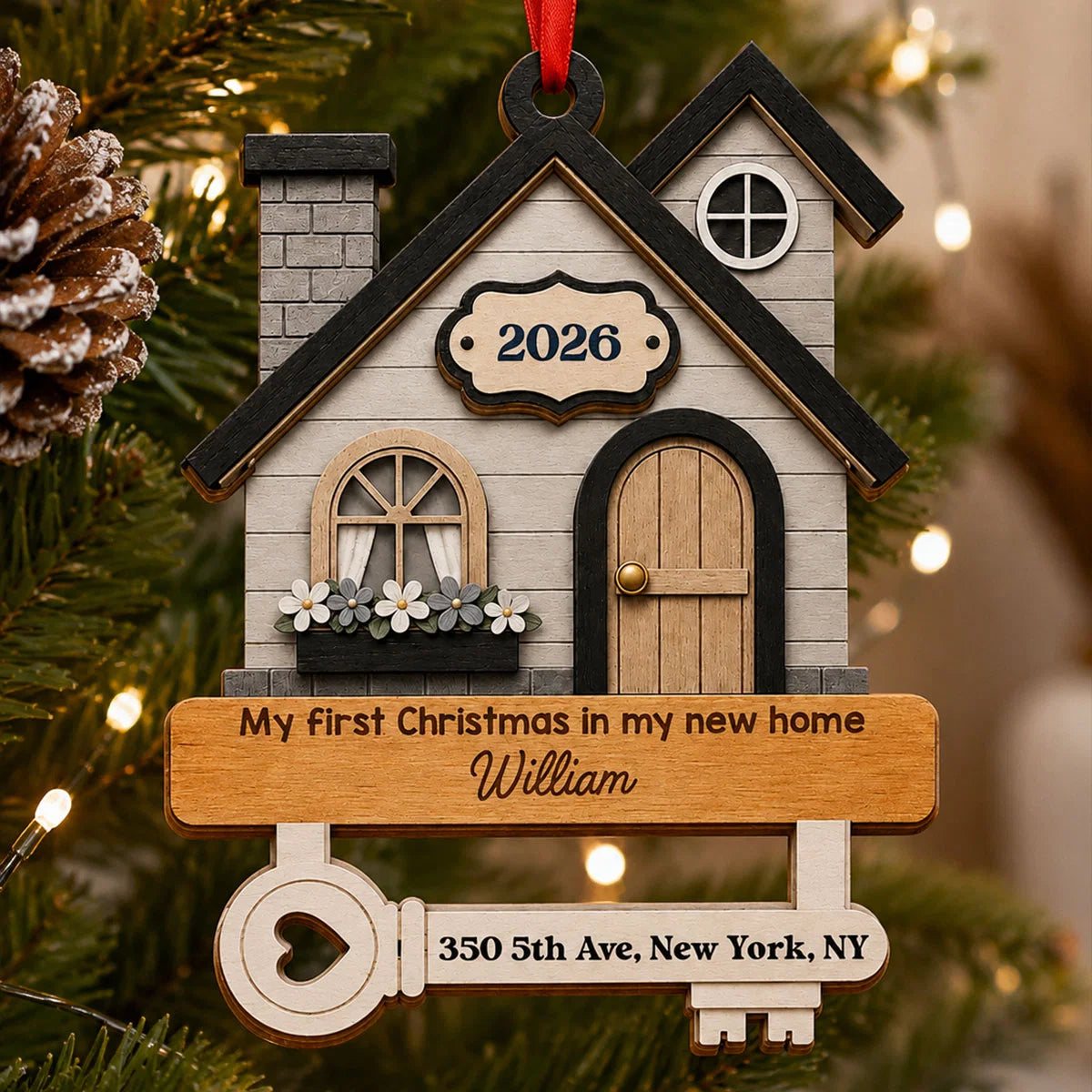 First Christmas In New Home Personalized Wooden Ornament - Custom Housewarming Gift Key Keepsake