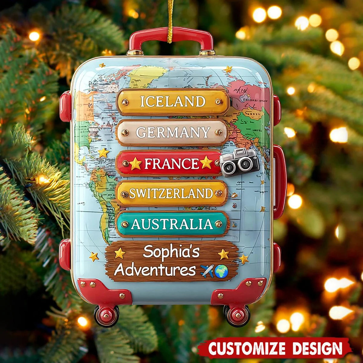 World Travel Suitcase Personalized Wooden Ornament - Custom Vacation Keepsake Gift for Travelers