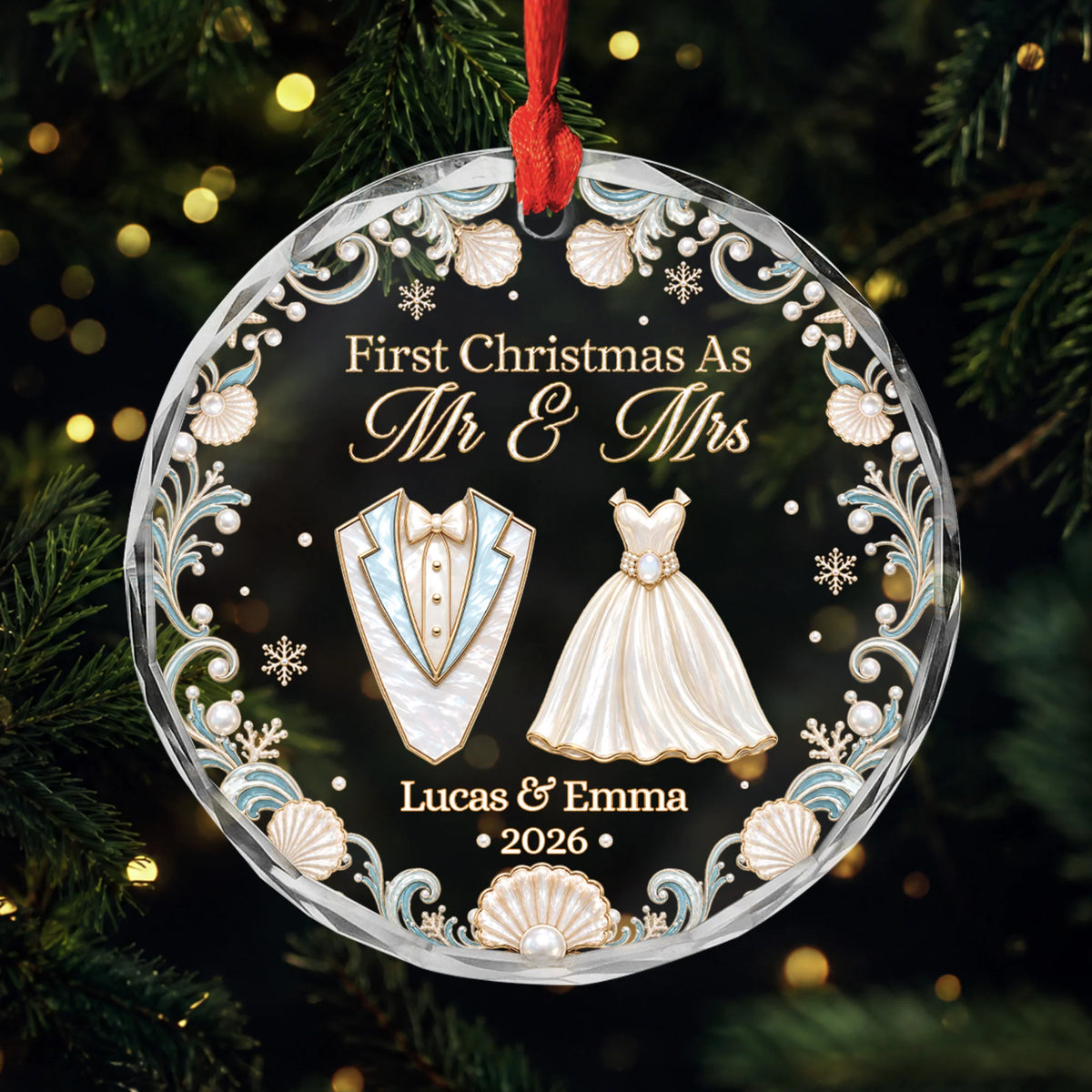 "First Christmas As Mr & Mrs" Personalized Glass Ornament - Custom Newlywed Wedding Keepsake for Couples