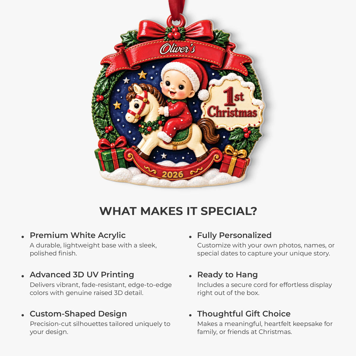 Baby's First Christmas Rocking Horse Ornament - Personalized Acrylic Keepsake Gift for Newborns
