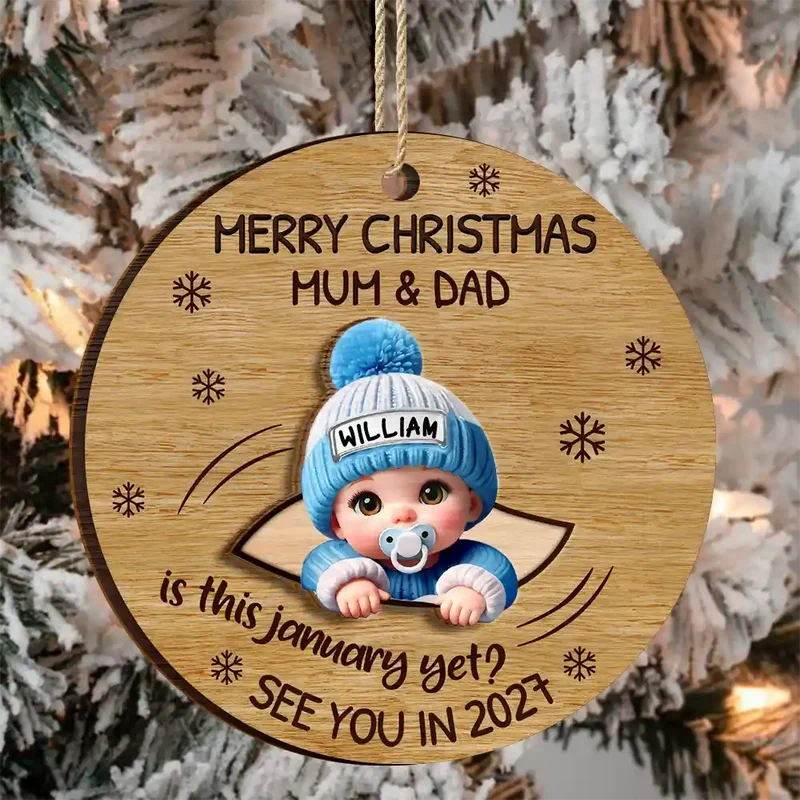 Baby Peeking Out Custom Wooden Ornament - Personalized Expecting Mom Christmas Gift