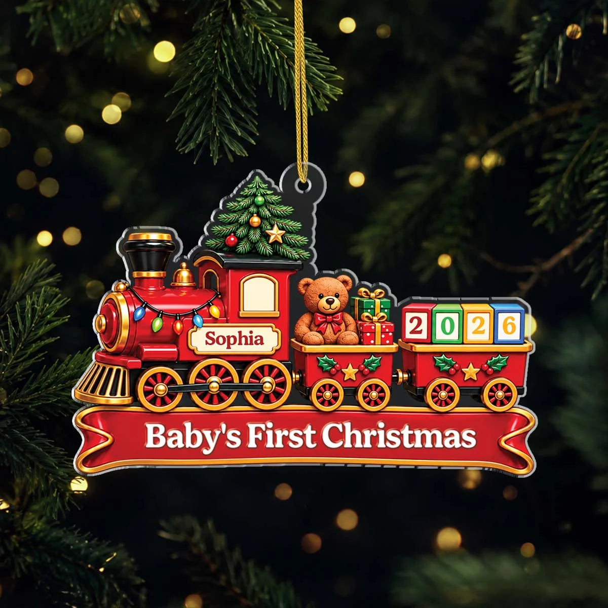 "Baby's First Christmas" Train Personalized Acrylic Ornament - Holiday Keepsake for New Baby