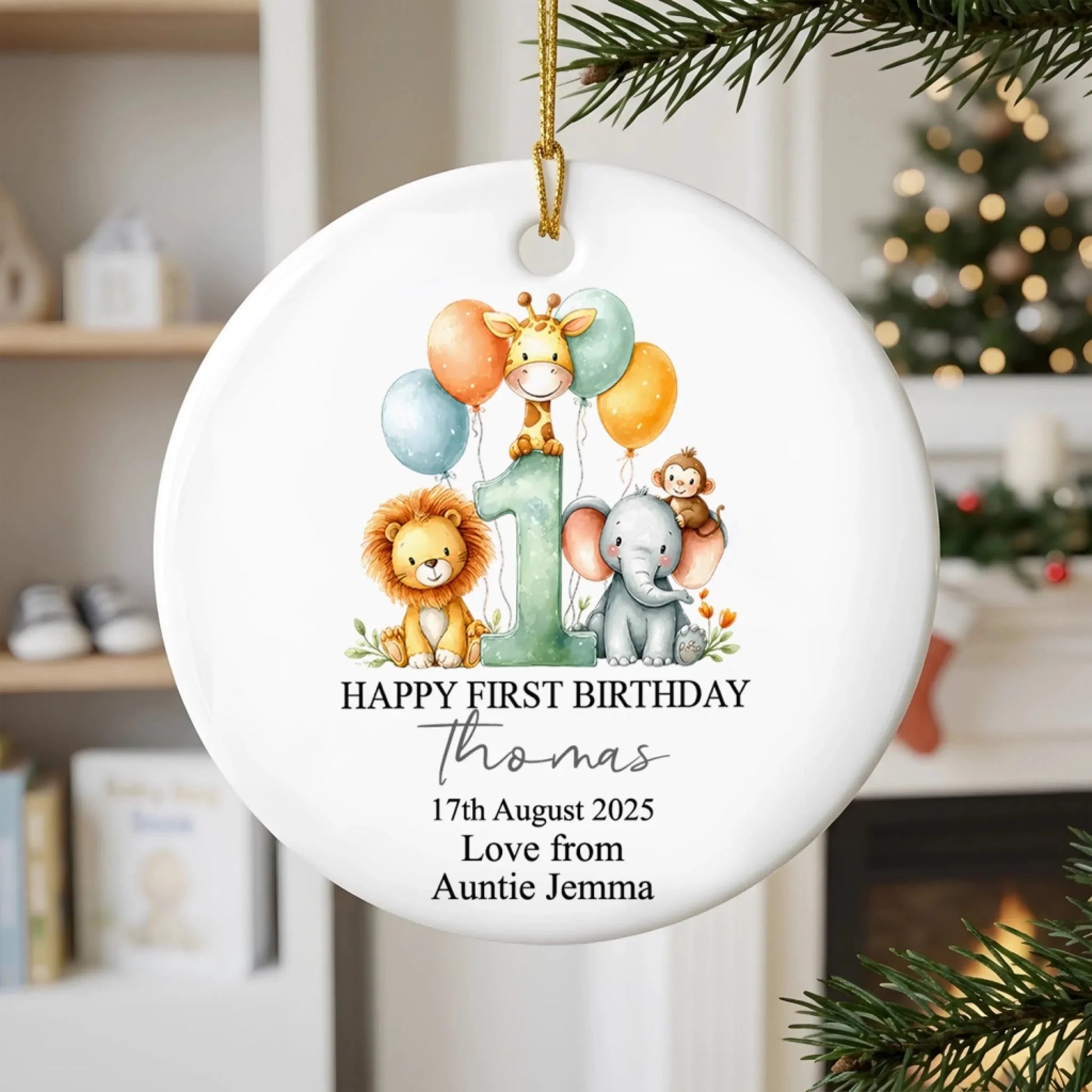 Happy First Birthday Safari Animals Ceramic Ornament - Custom Baby Keepsake Gift