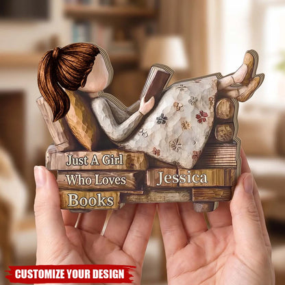 "Just A Girl Who Loves Books" Custom Wooden Block - Personalized Gift for Bookworms and Readers