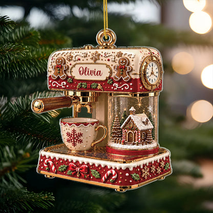 Gingerbread Coffee Machine Acrylic Ornament - Personalized Holiday Keepsake Gift for Bakers and Baristas
