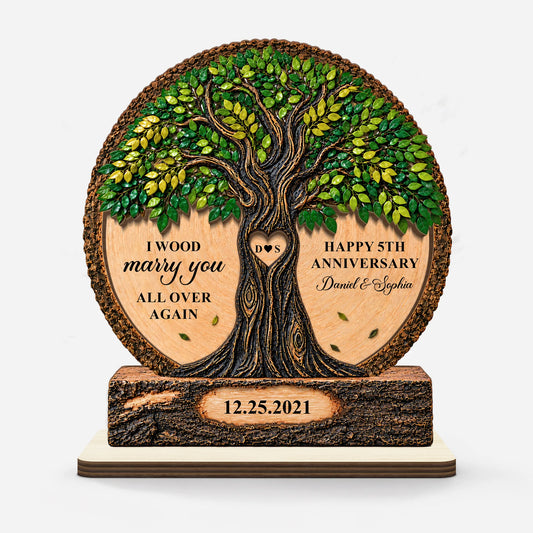 "I Wood Marry You All Over Again" Personalized Wooden Plaque - Custom Anniversary Gift for Couples