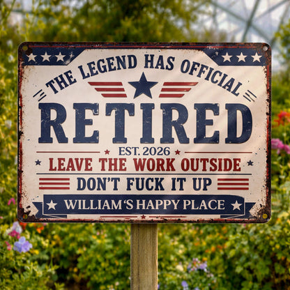 Custom retirement metal sign with stars and stripes reading The Legend Has Official Retired on a wooden fence image 7