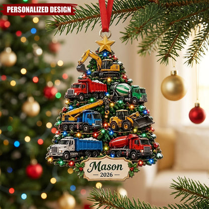 Construction Tree Personalized Christmas Ornament - Custom Name Truck Keepsake for Kids