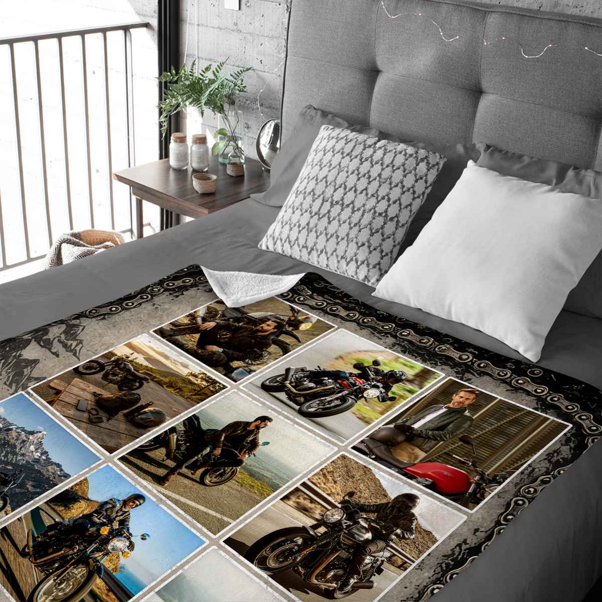 "Ride More Worry Less" Personalized Motorcycle Photo Collage Blanket - Custom Biker Gift for Riders