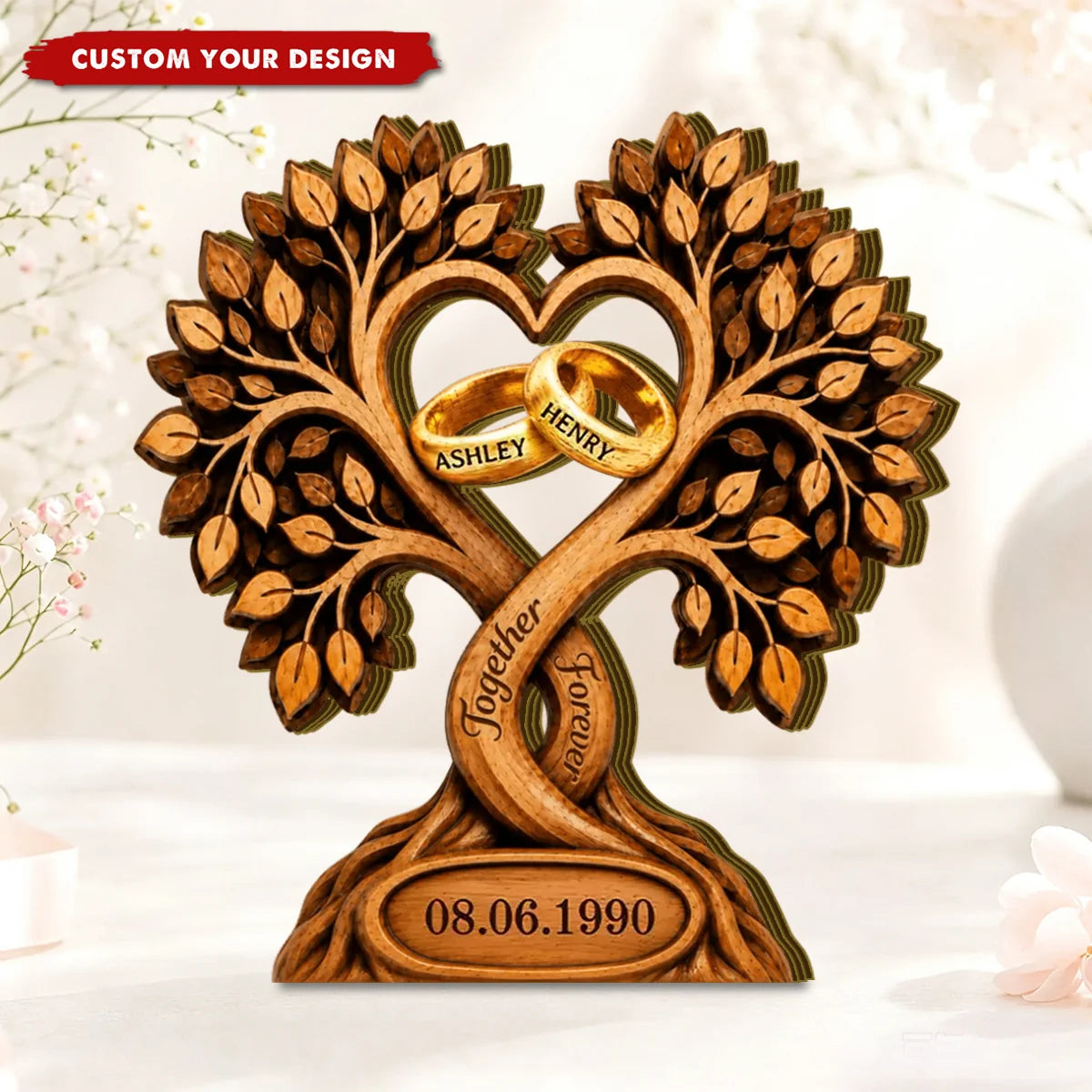 Together Forever Personalized Wooden Block - Custom Heart Tree & Rings for Couple Anniversary Gift